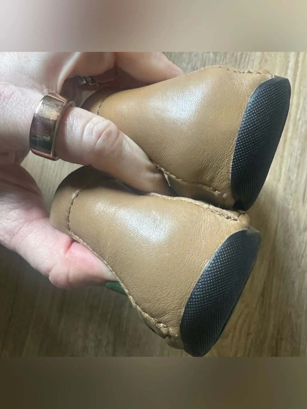 Camper Tan Leather Mary Jane Flats with Black Strap and Red Insole